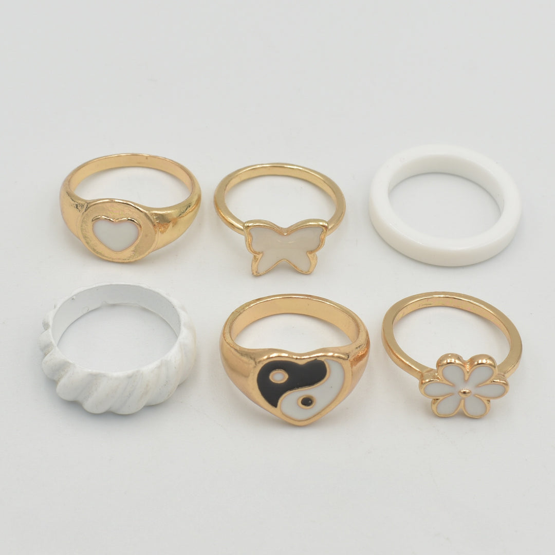 White Band Yin and Yang 6-Pack Rings