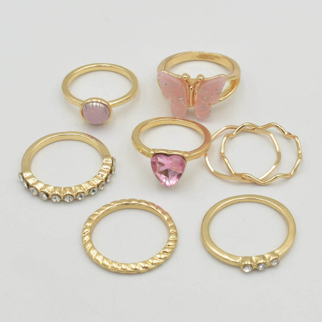 Gold Pink Heart Diamante 7-Pack Rings