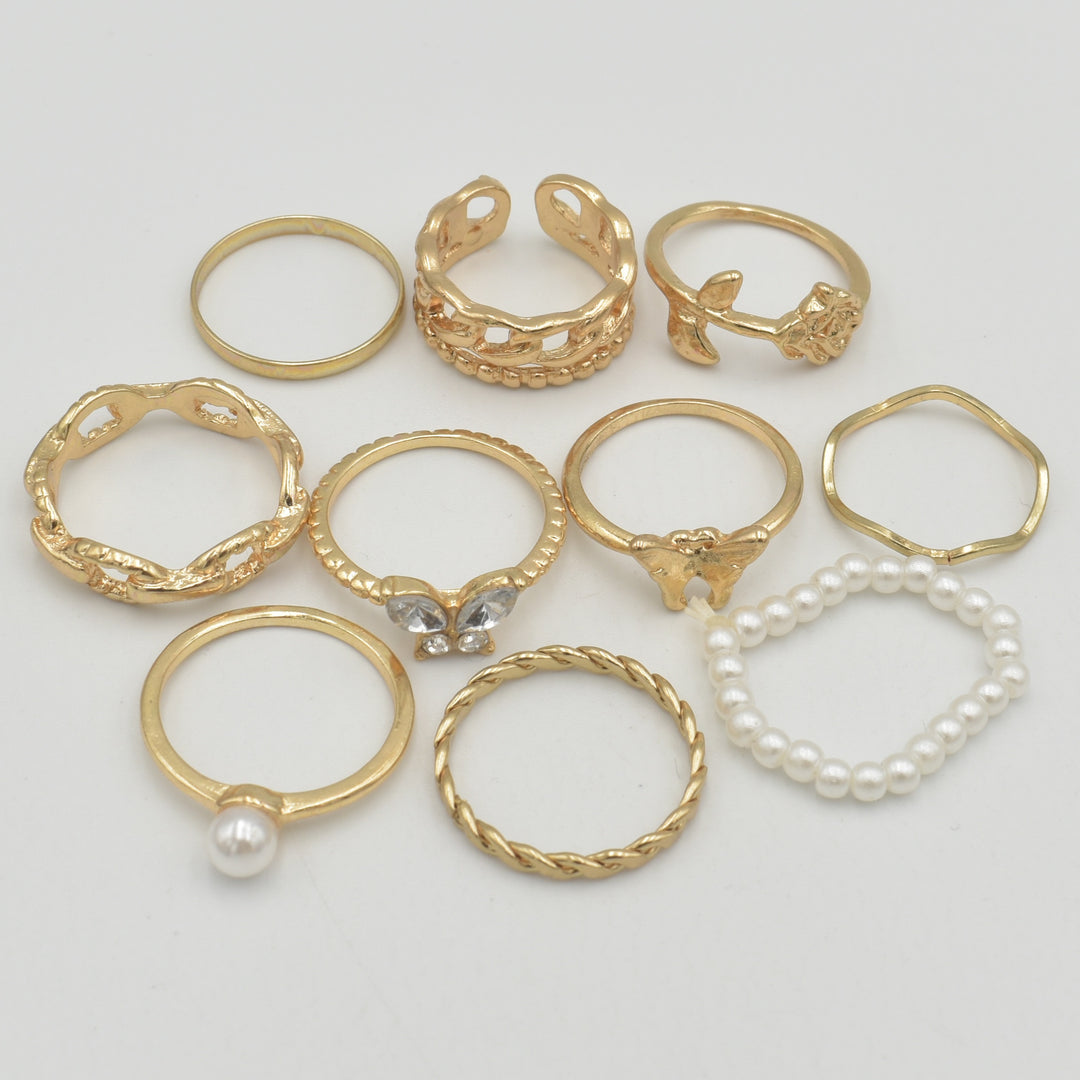 Gold Flower Twisted Pearl 10-Pack Rings
