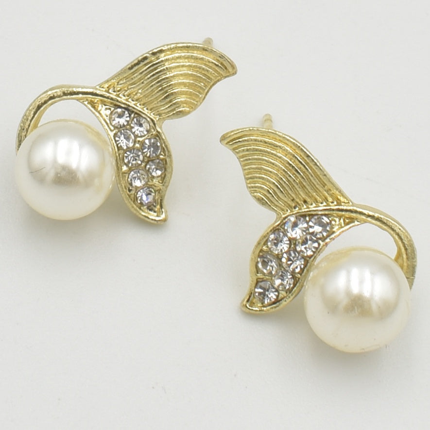 Gold Fish Tail Pearl Stud Earrings