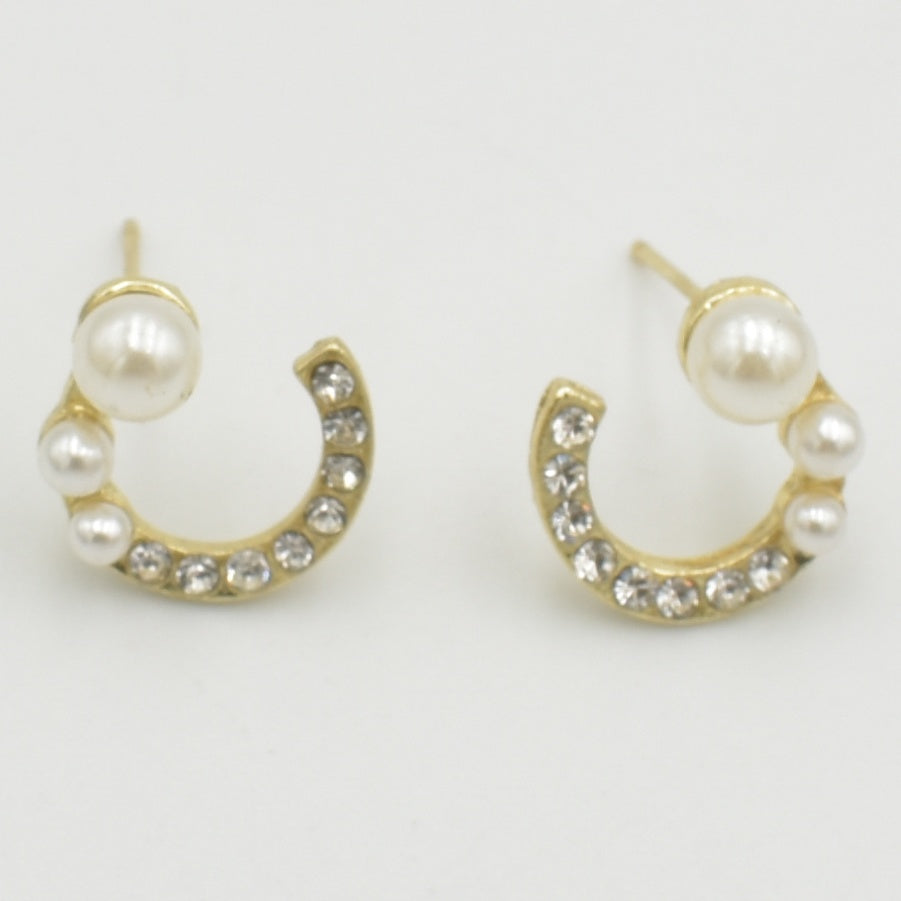 Gold Pearl Diamante Stud Earrings