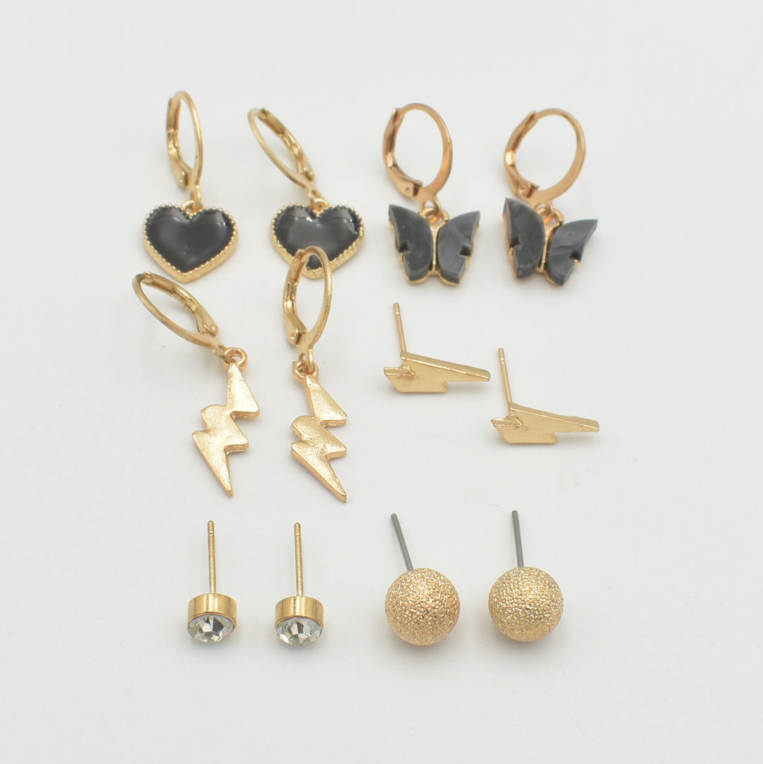 Gold Black Heart 6-Pack Earrings