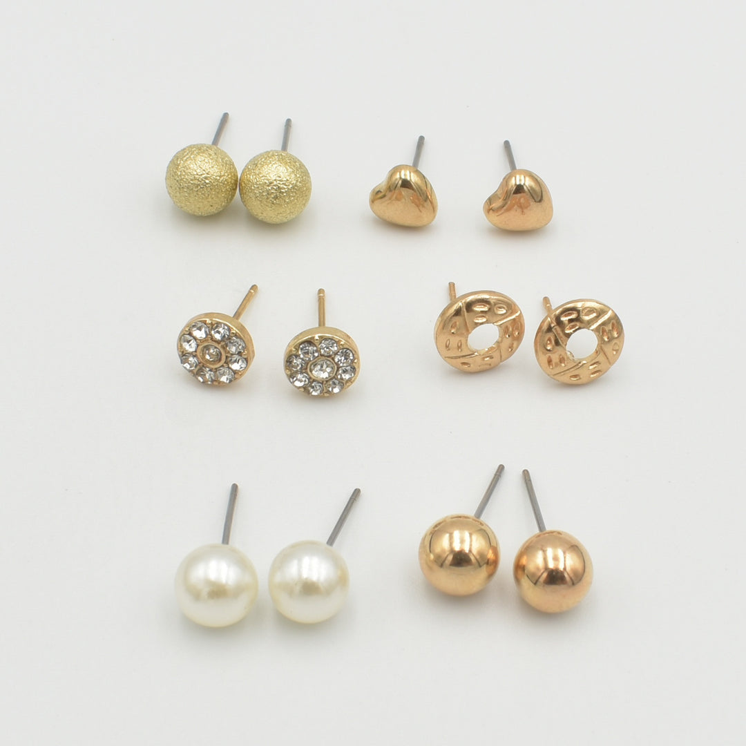 Gold Round Diamante Stud 6-Pack Earrings