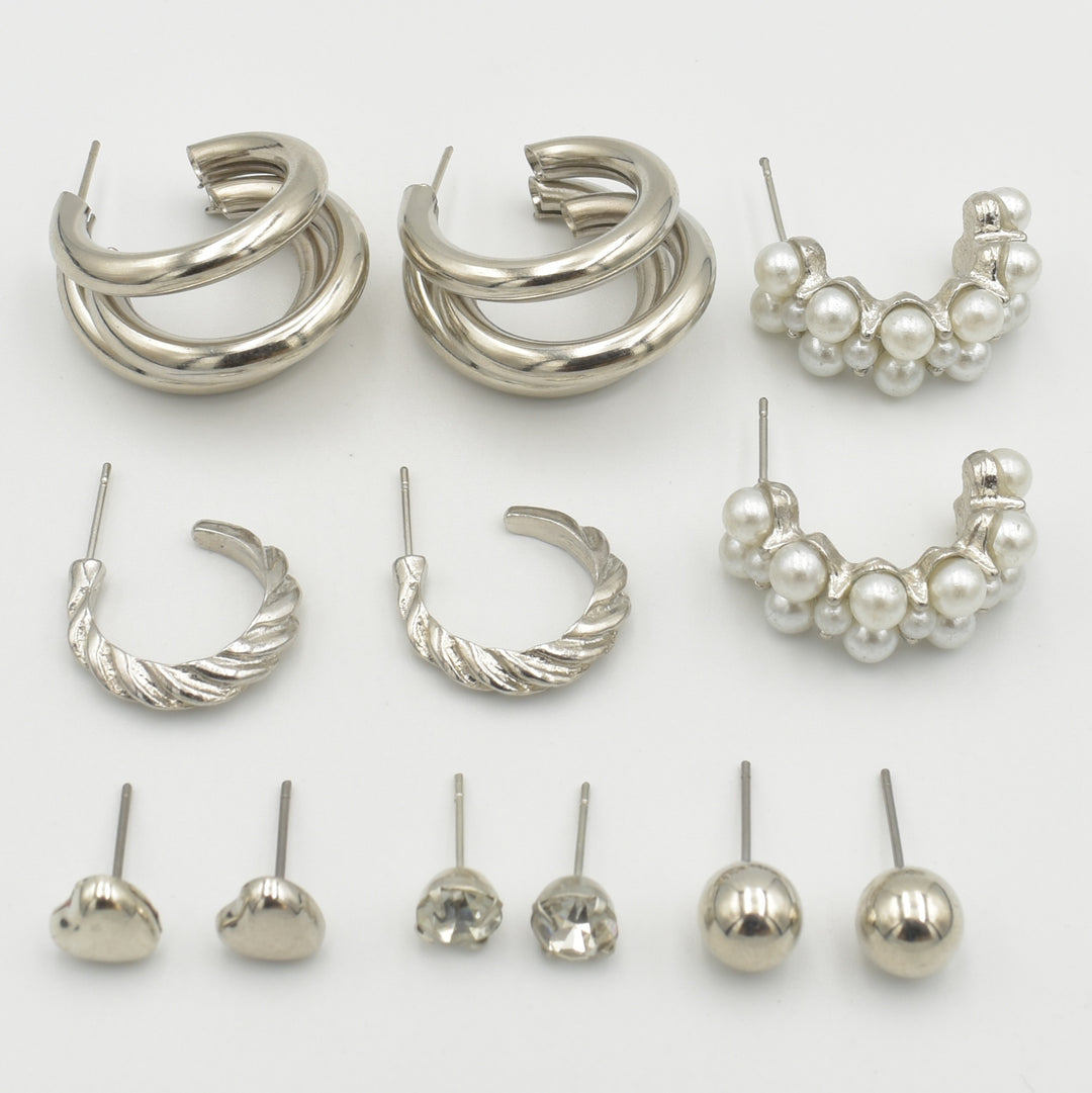Silver Thick Pearl Hoop 6-Pack Earrings