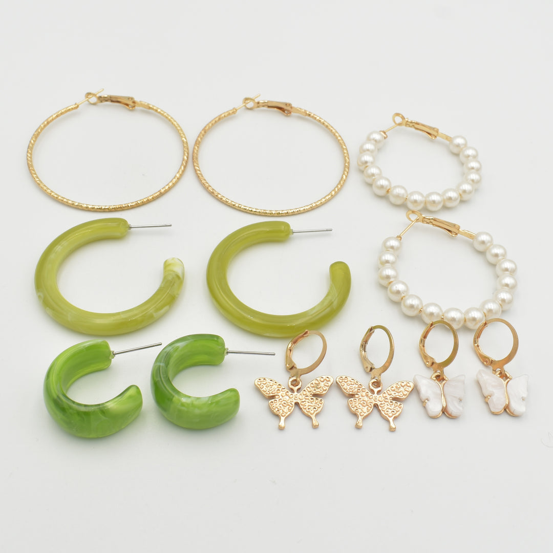 Gold Green Hoop 5-Pack Earrings