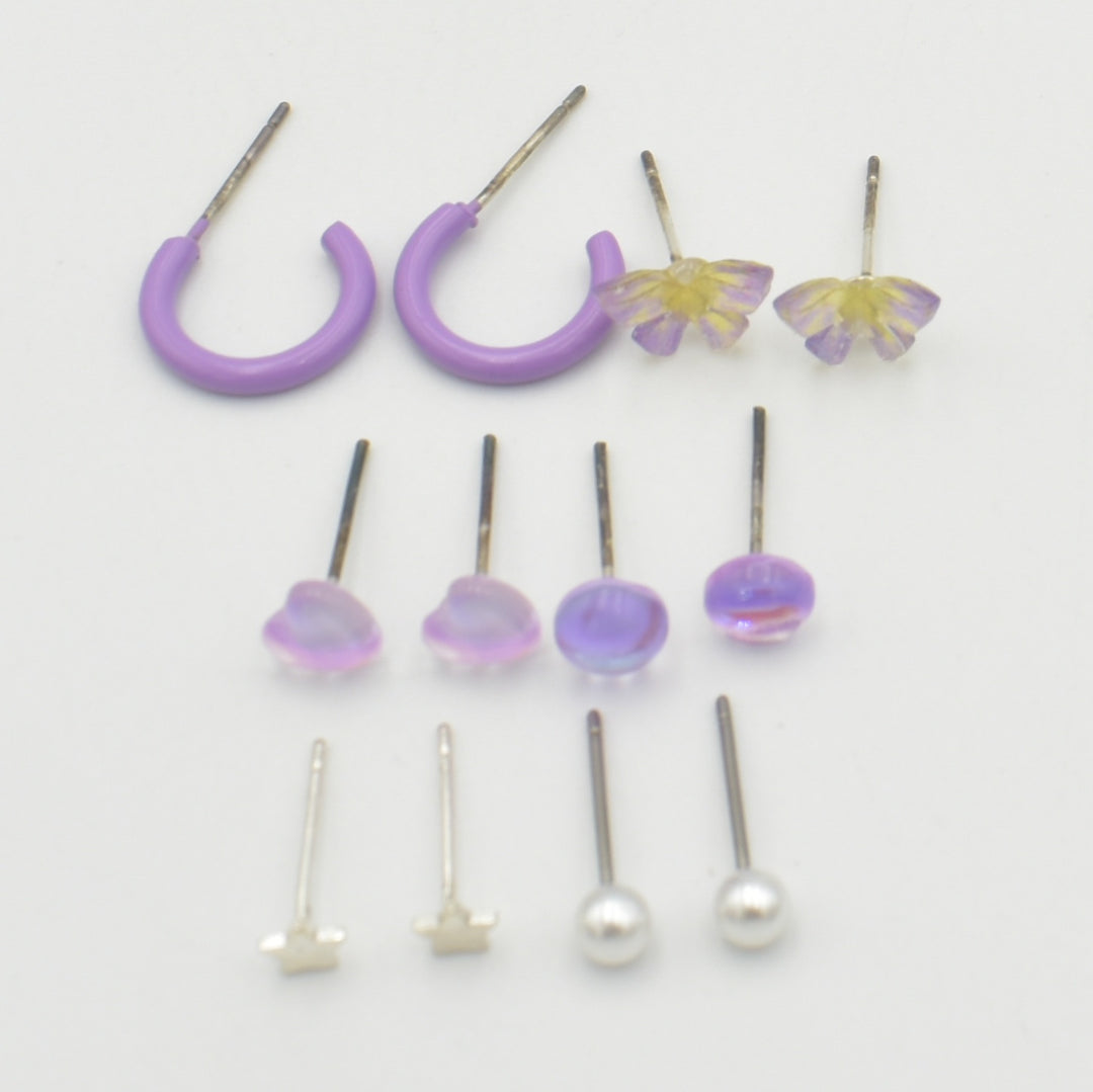 Kids Purple Dainty Stud 6-Pack Earrings