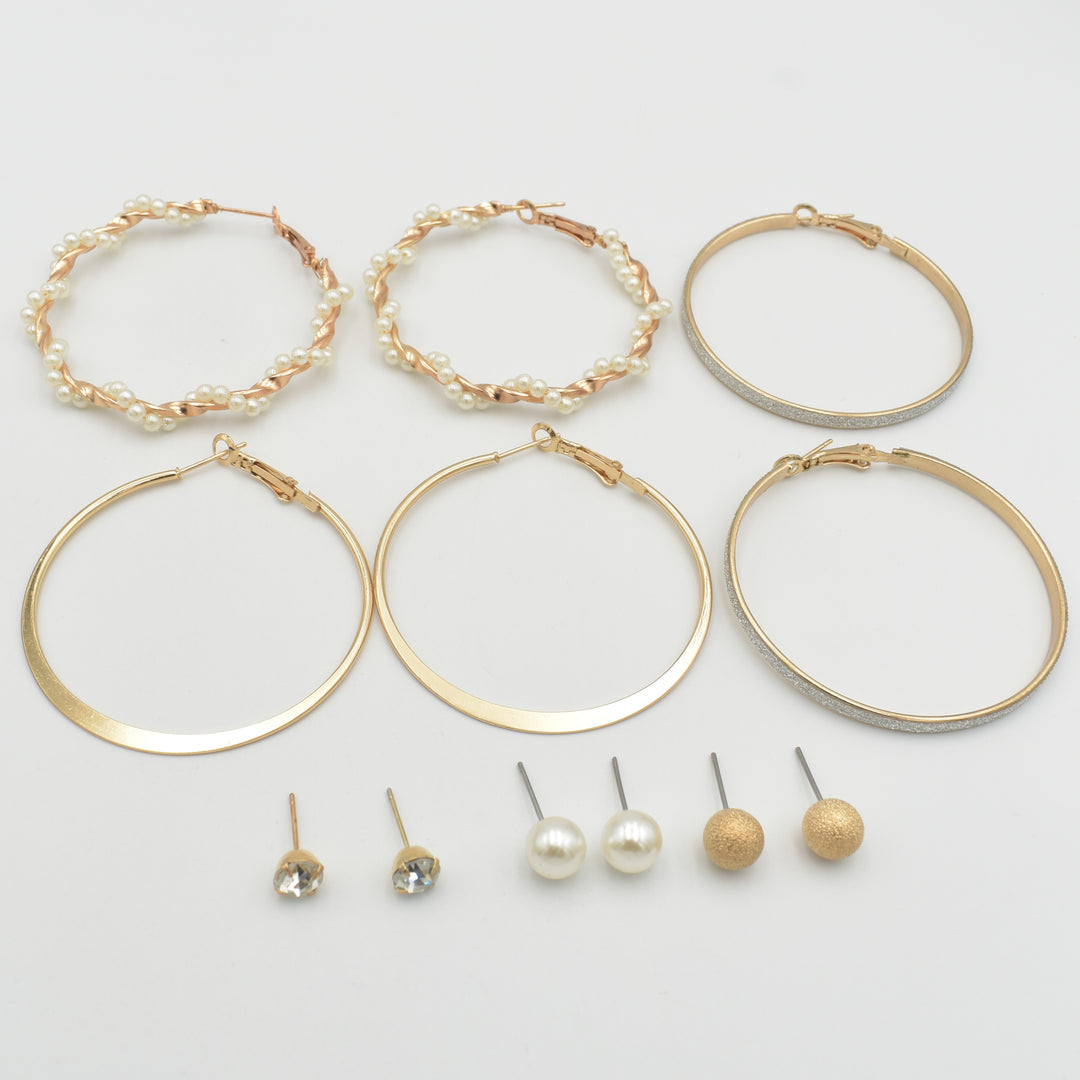 Gold Twisted Pearl Hoop 6-Pack Earrings
