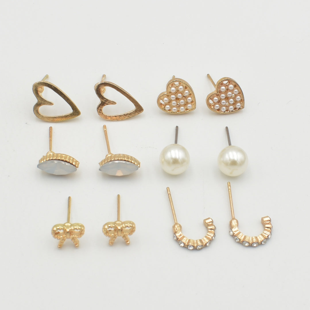 Gold Bow Pearl Heart 6-Pack Earrings