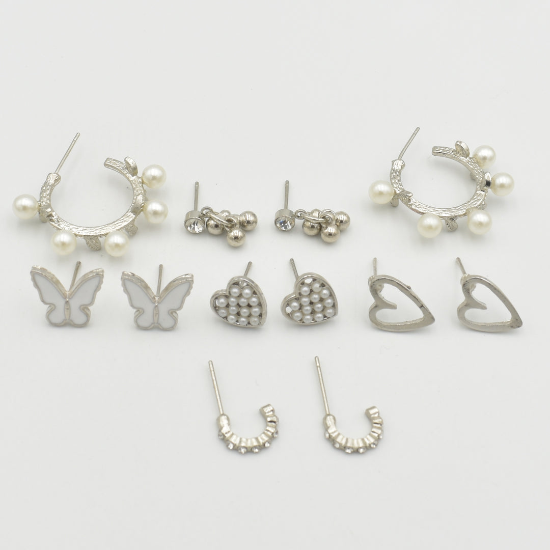 Silver Pearl Heart Dainty 6-Pack Earrings
