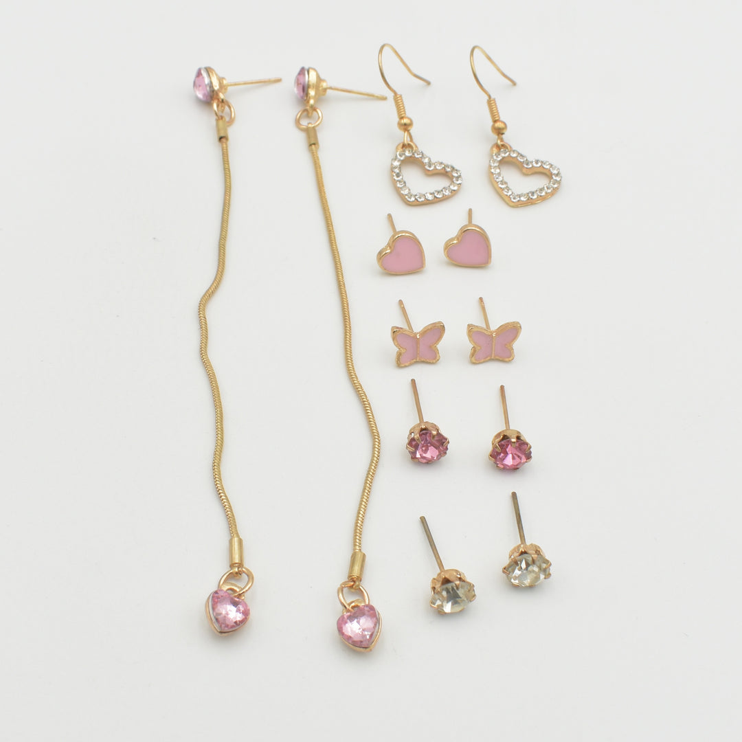 Gold Pink Heart Drop 6-Pack Earrings