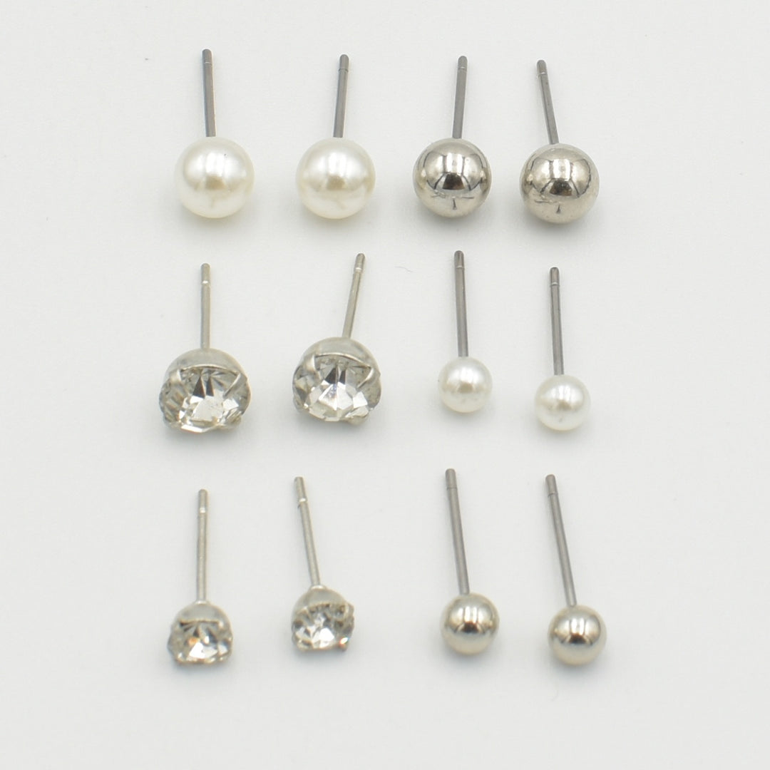 Silver Pearl Dainty Stud 6-Pack Earrings