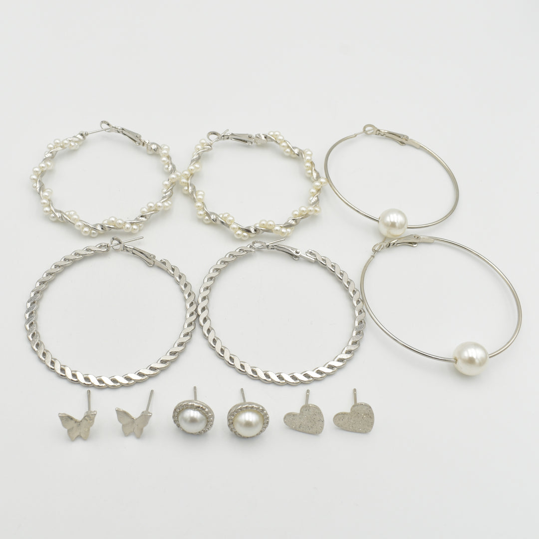 Silver Pearl Twisted Heart 6-Pack Earrings