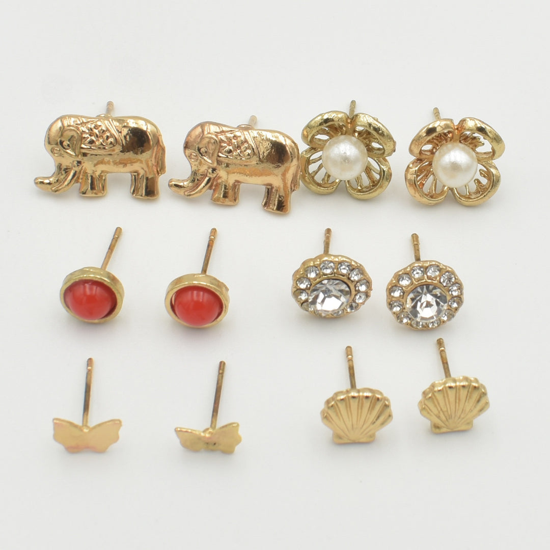 Gold Elephant Stud 6-Pack Earrings