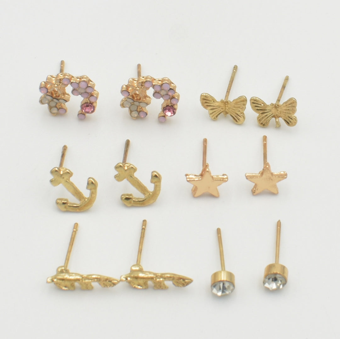 Gold Leaf and Star Stud 6-Pack Earrings