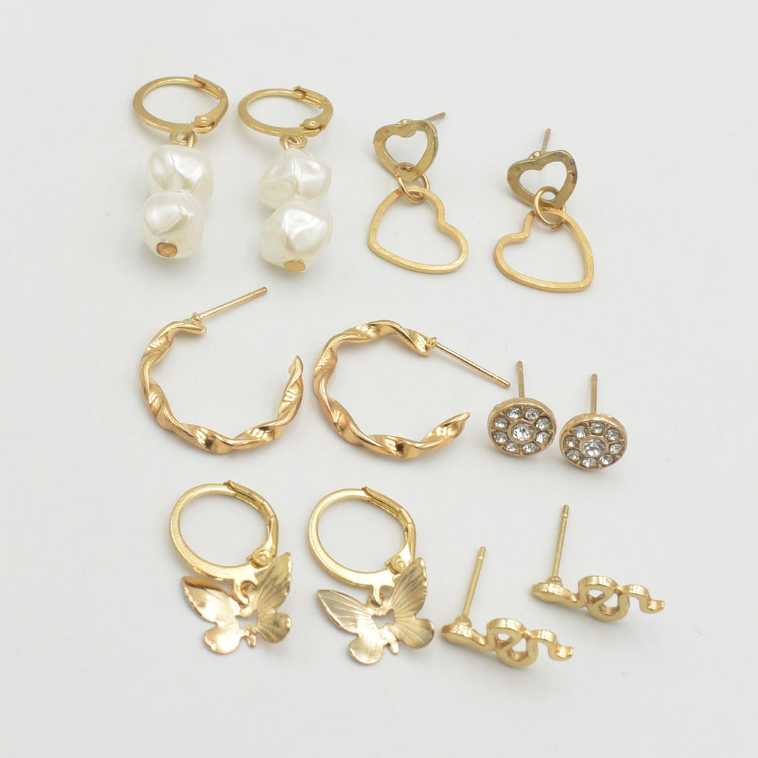 Gold Pearl Huggies Diamante 6-Pack Earrings