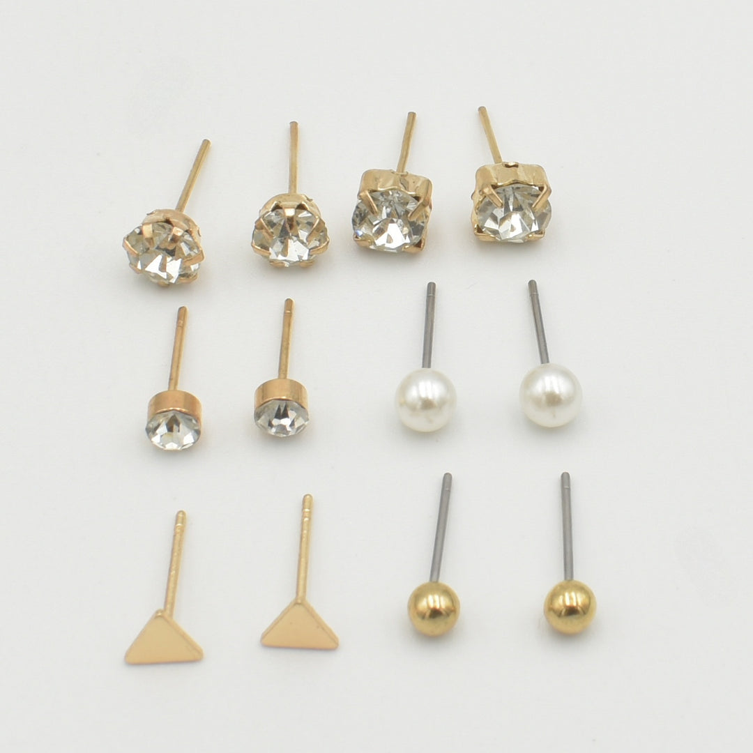 Gold Diamante Stud 6-Pack Earrings