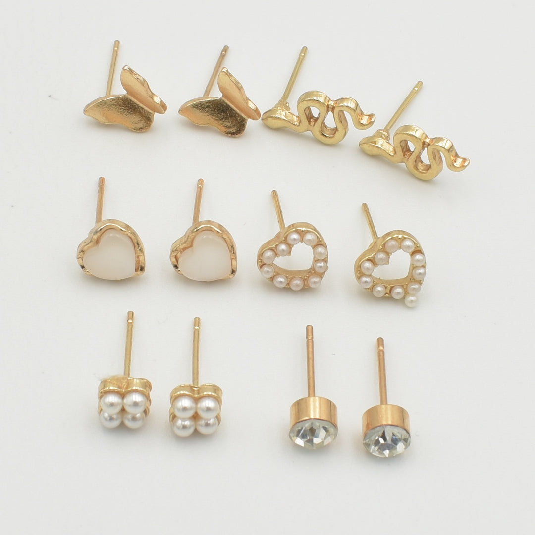 Gold Heart Coated Diamante Stud 6-Pack Earrings