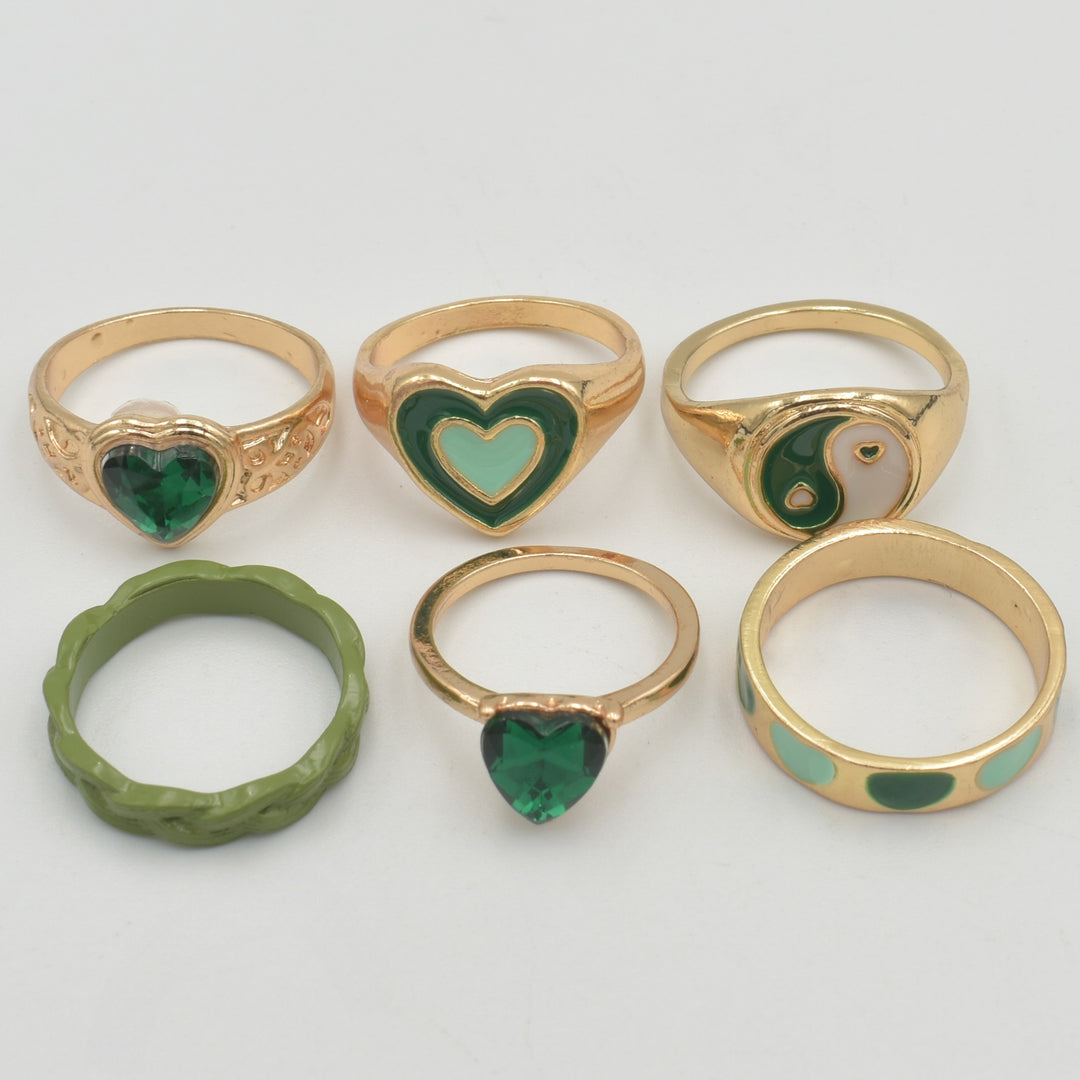 Gold Green Heart Acrylic Band 6-Pack Rings