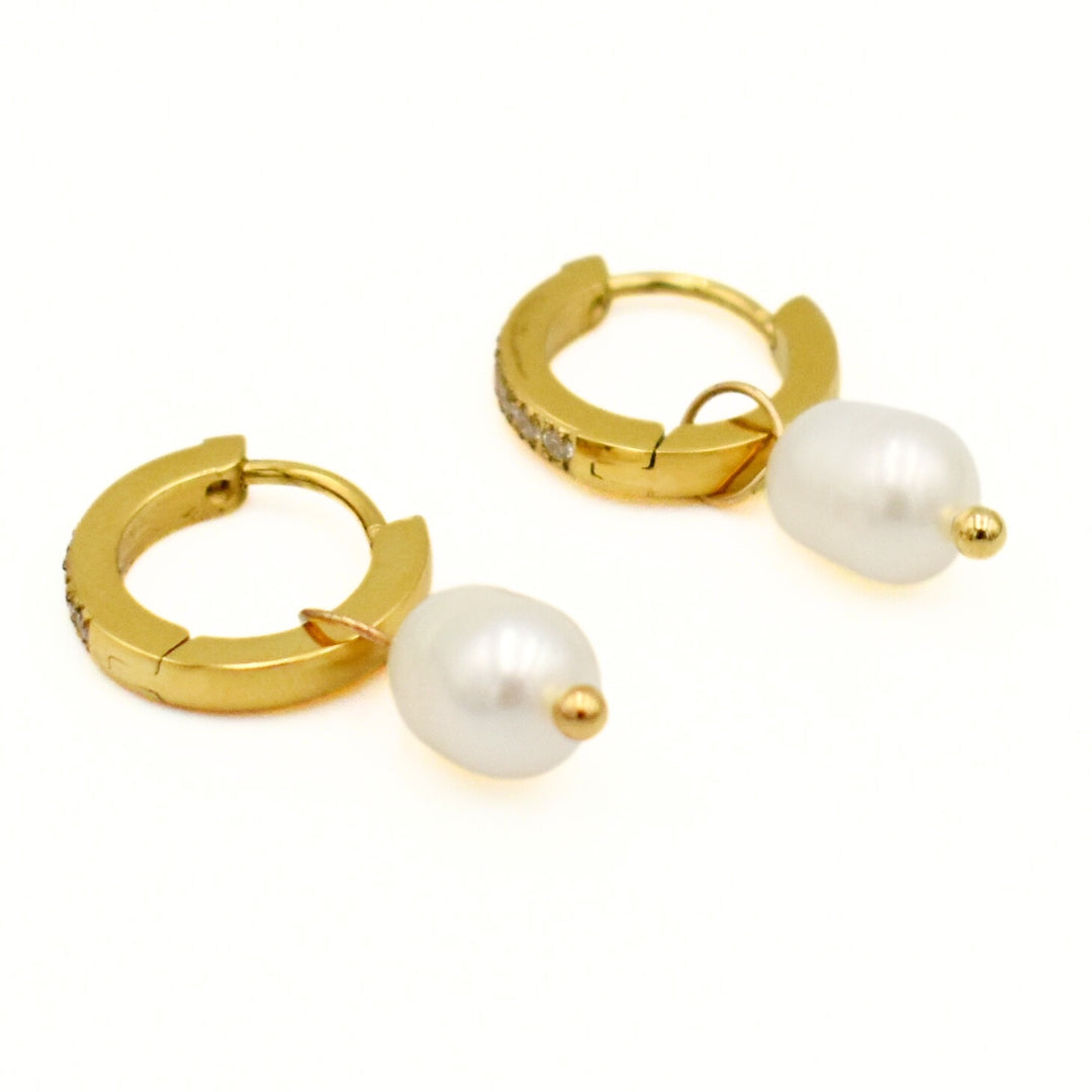 Gold Toned Pearl Drop Huggies Earrings