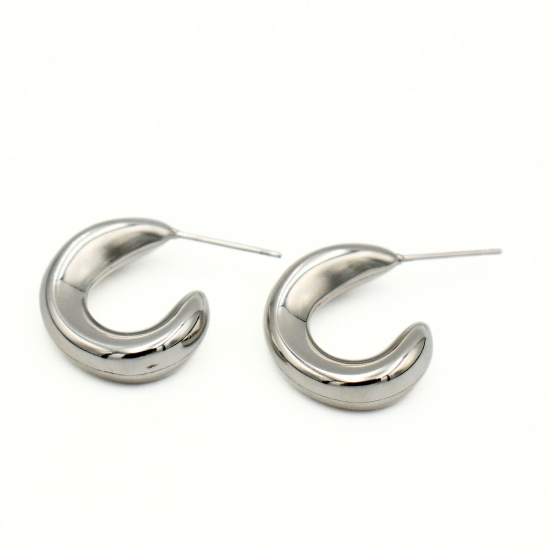 Rhodium Plated C-Shaped Hoop Earrings
