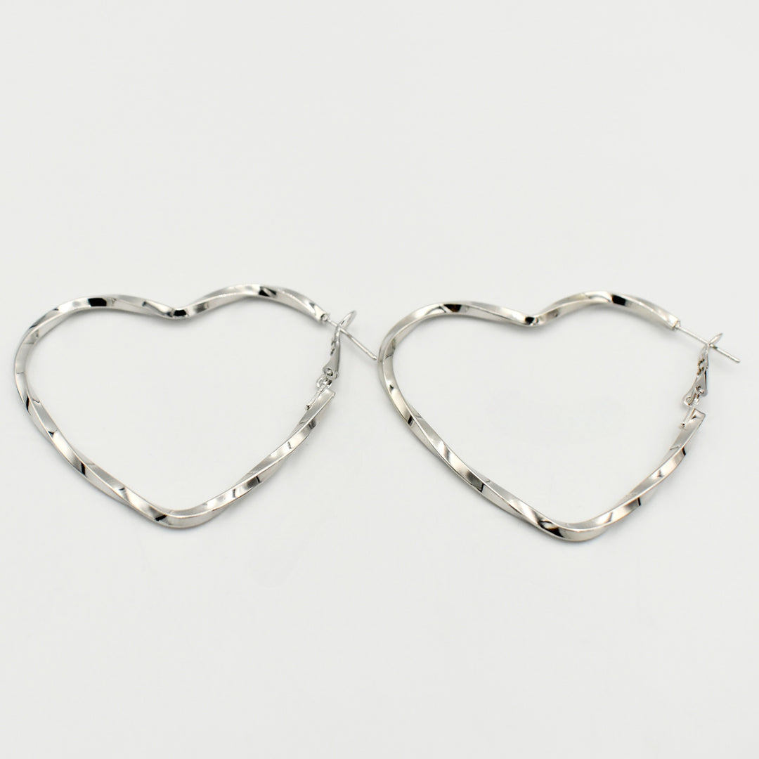 Silver Heart Twisted Hoop Earrings