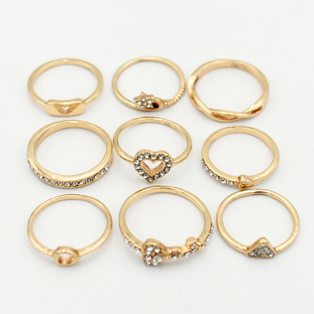 Gold Heart Diamante 9-Pack Rings