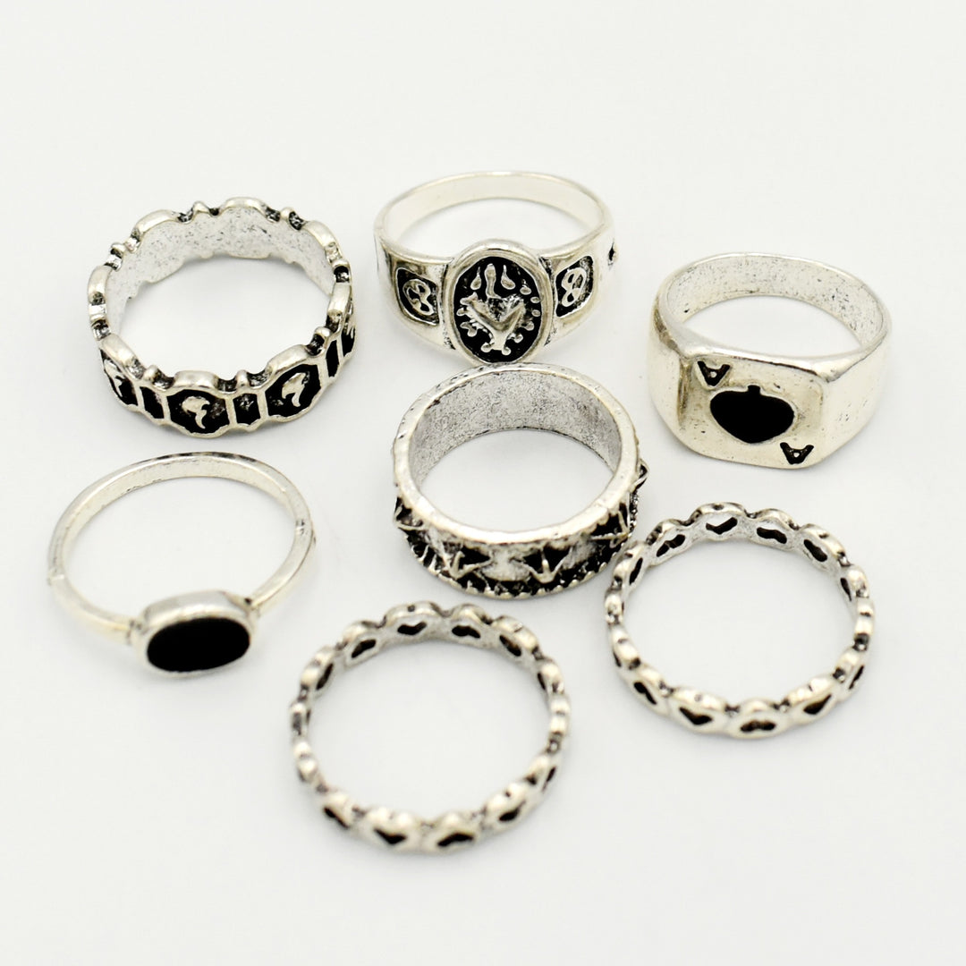 Silver and Black Bat Band 7-Pack Rings
