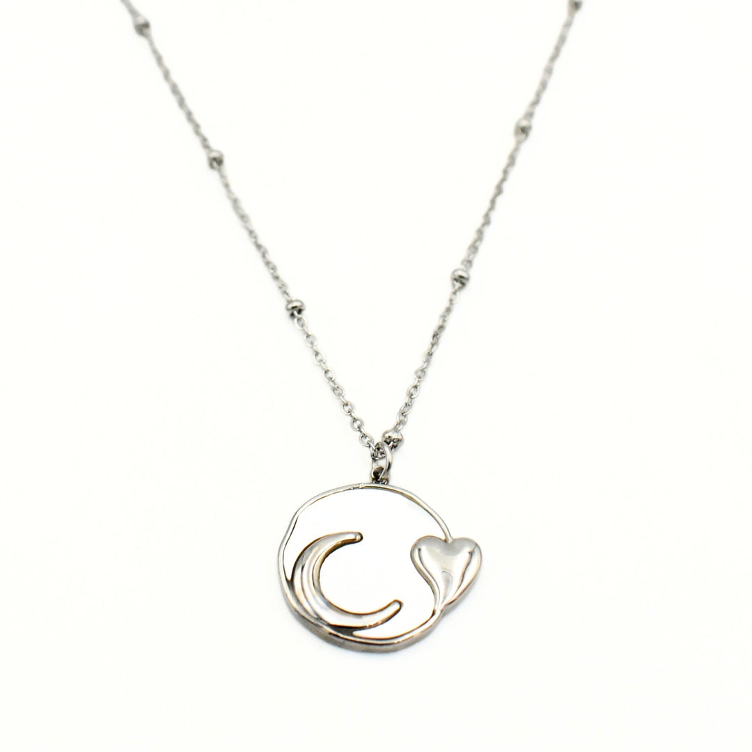 Rhodium Plated Moon and Heart Necklace