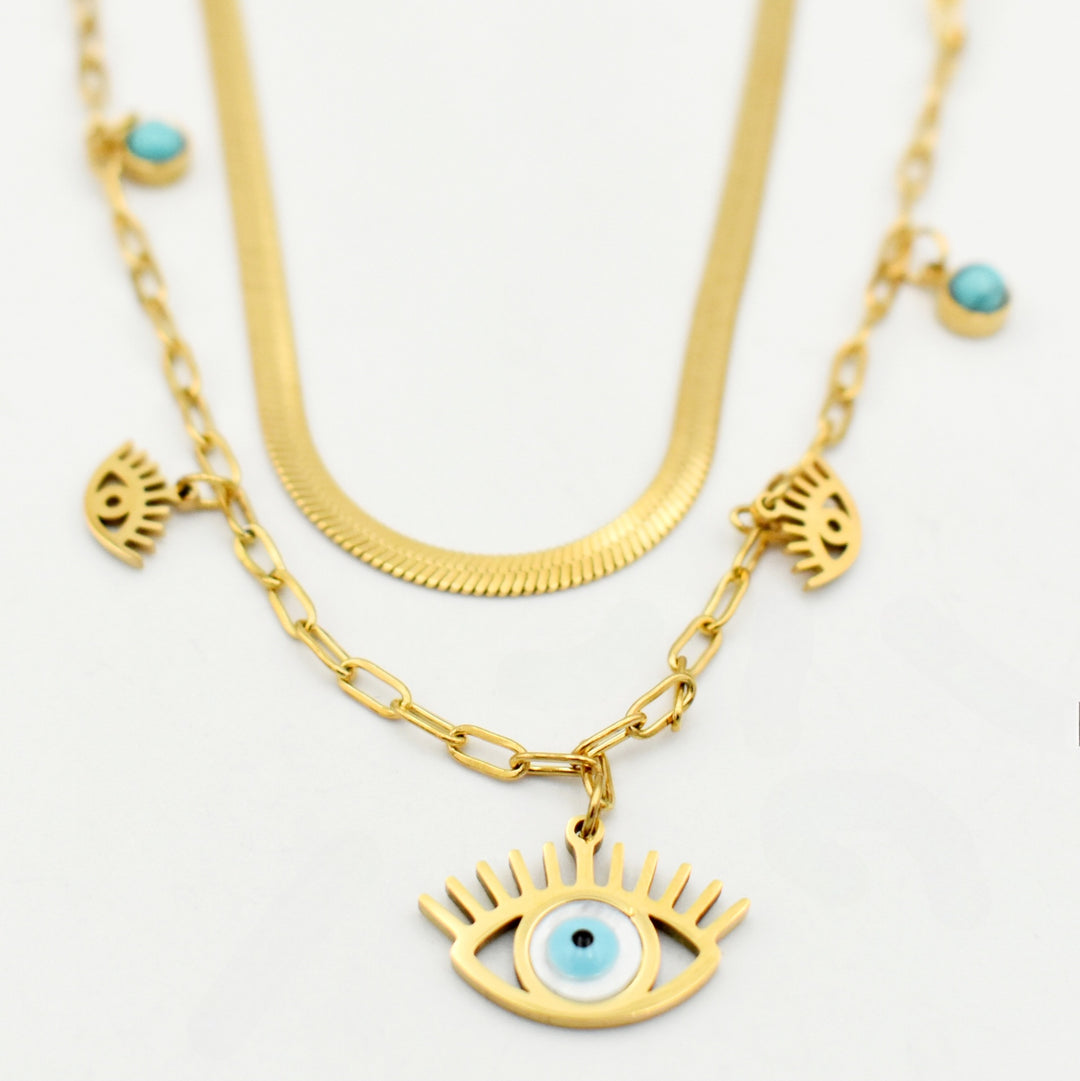 Gold Paperclip & Snake Layered Eye Necklace