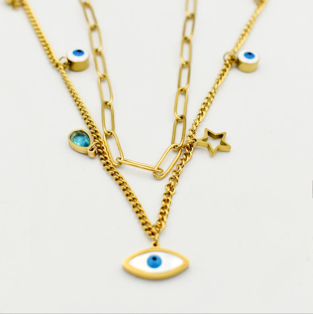 Gold Paperclip Evil Eye Layered Necklace