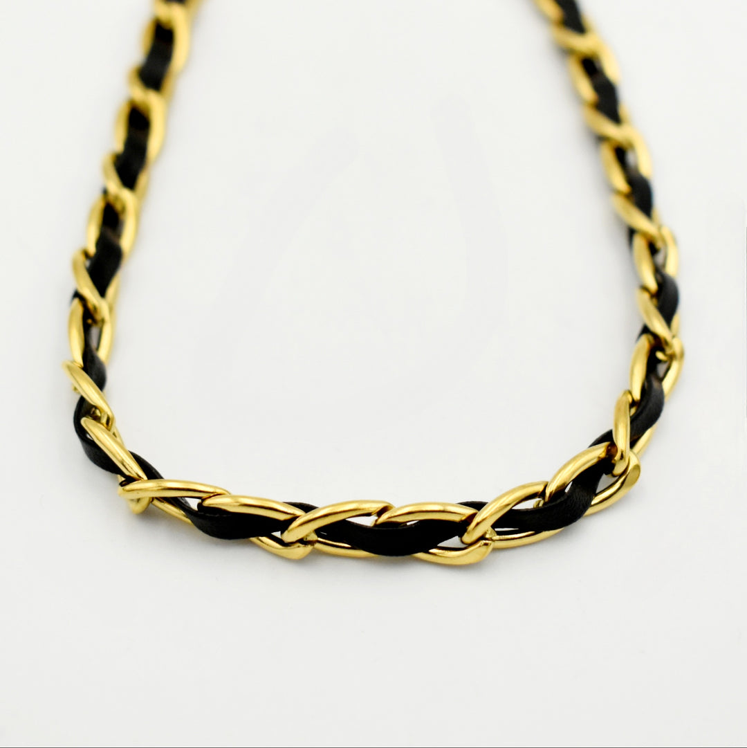 Gold Black Leather Curb Necklace