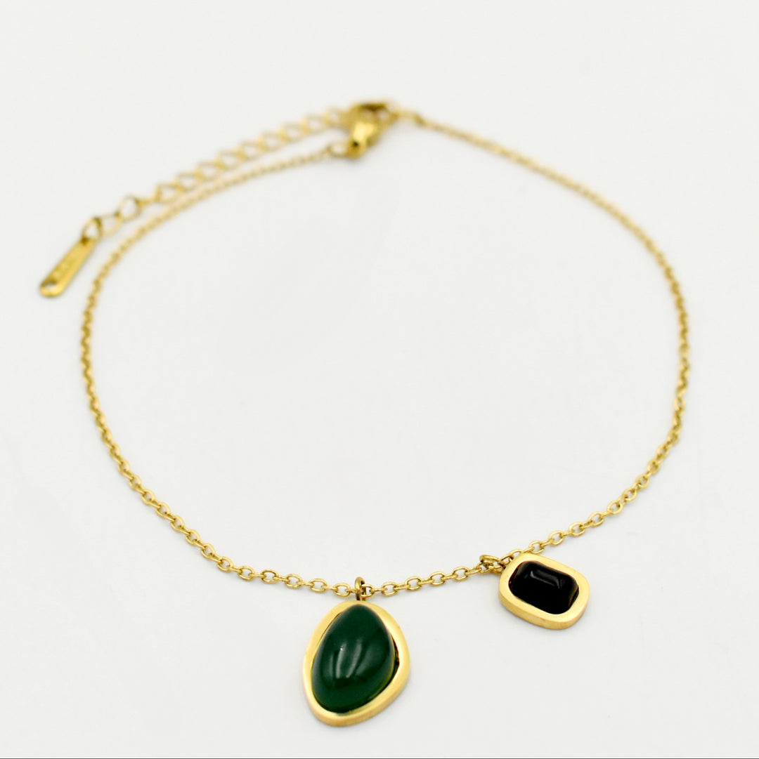 Gold Dainty Green and Black Stone Bracelet