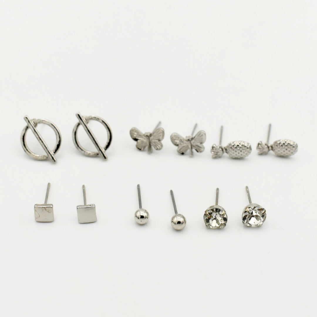 Silver Pineapple Diamante 6-Pack Earrings