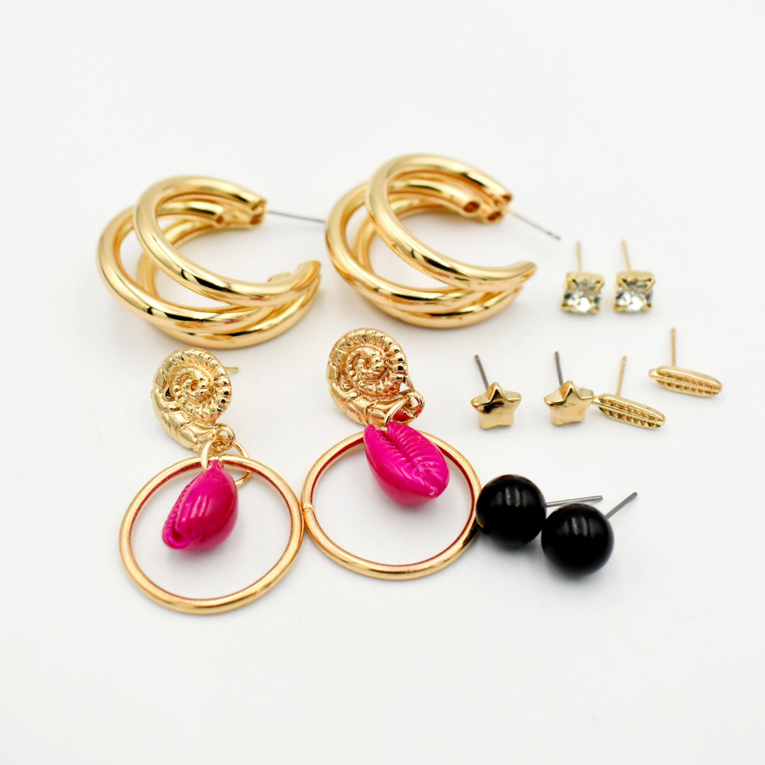 Gold Snail Black Stud 6-Pack Earrings