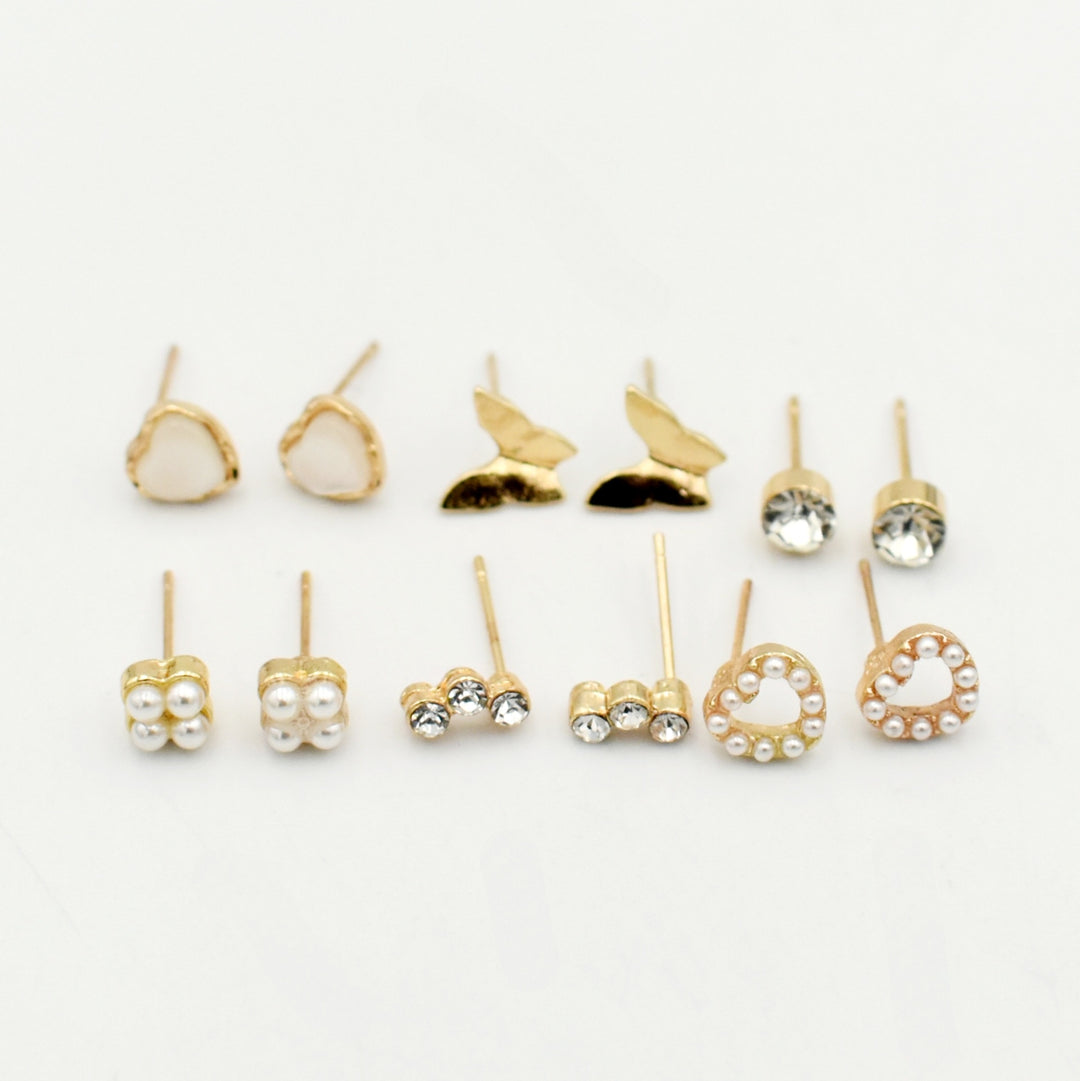 Gold Cubic Heart 6-Pack Stud Earrings