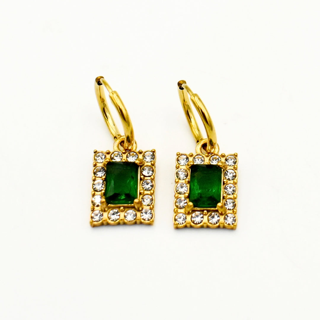 Gold Toned Cubic Zirconia Green Huggie Earrings