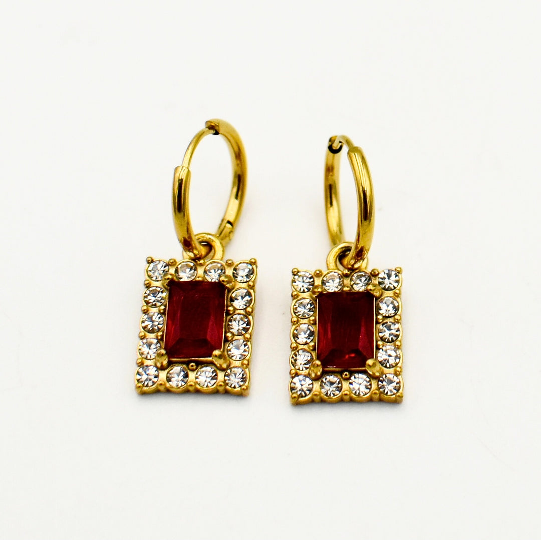 Gold Toned Cubic Zirconia Red Huggie Earrings