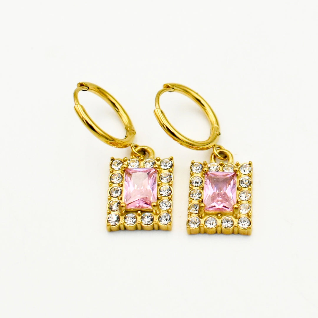 Gold Toned Cubic Zirconia Pink Huggie Earrings