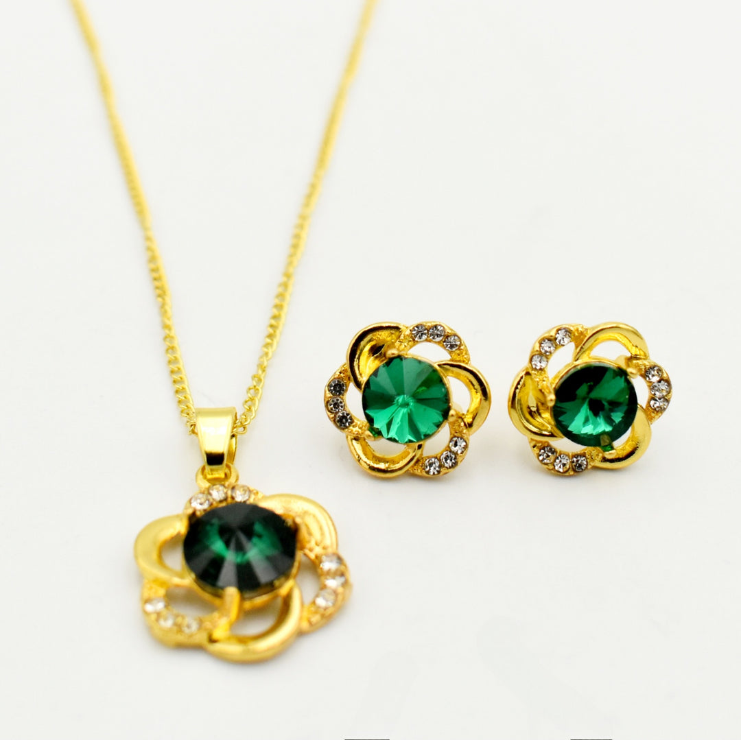 Gold Flower Emerald Diamante Necklace Set