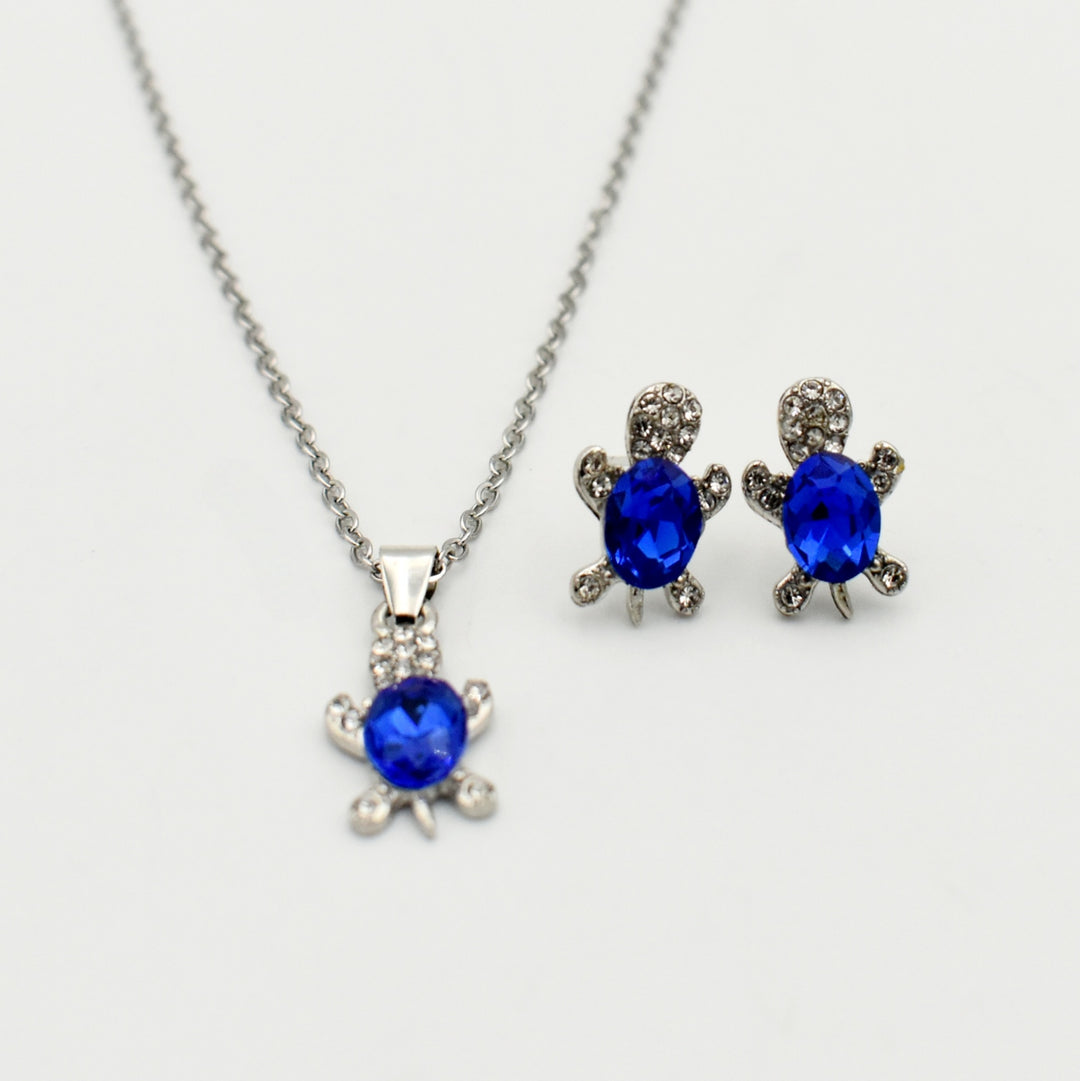 Silver Blue Turtle Pendant Necklace Set