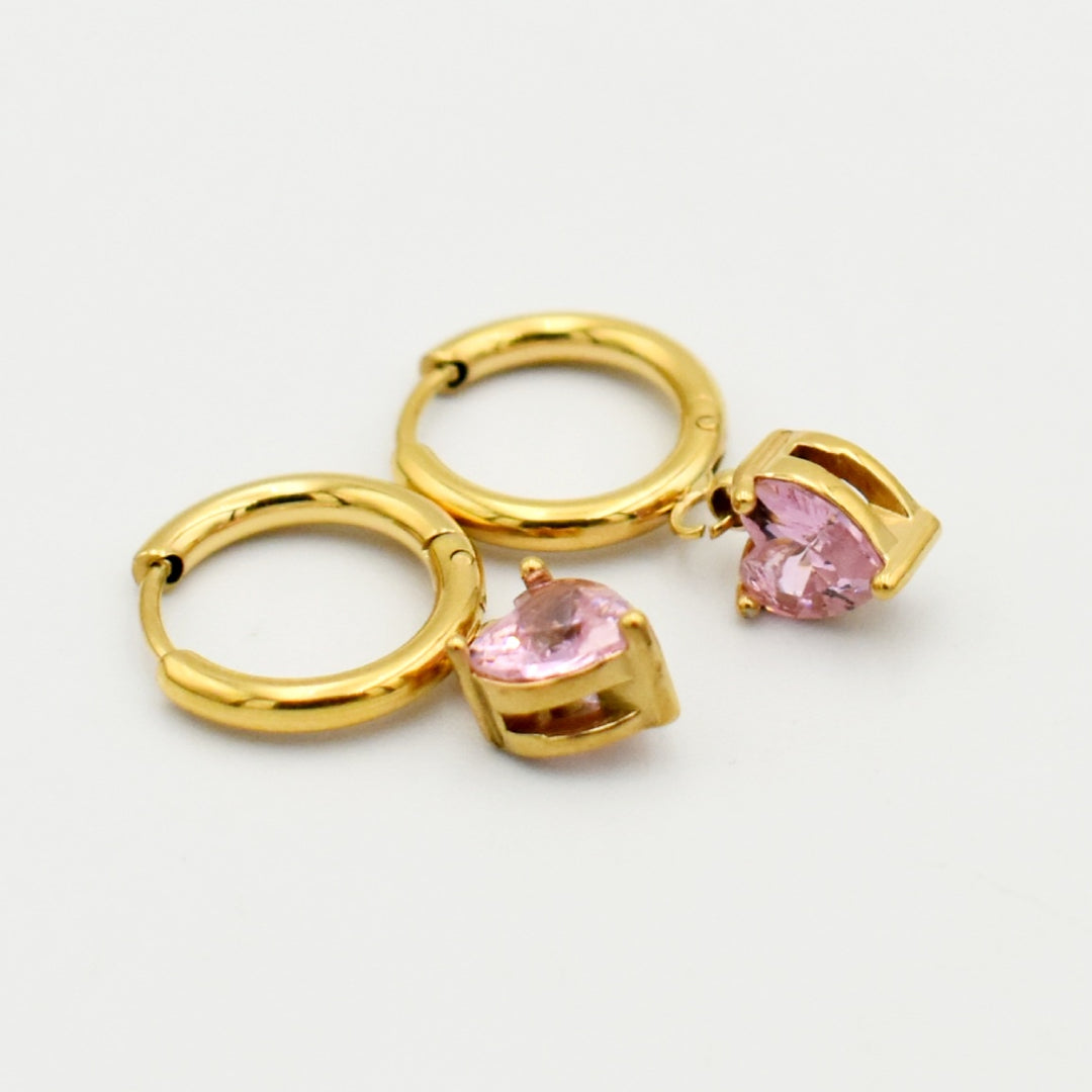 Gold Pink Stone Heart Huggies Earrings