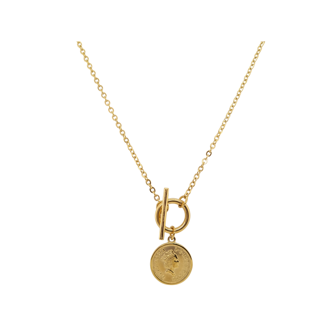 Gold plated waterproof T-bar link chain necklace with coin pendant by Elli Jewellery