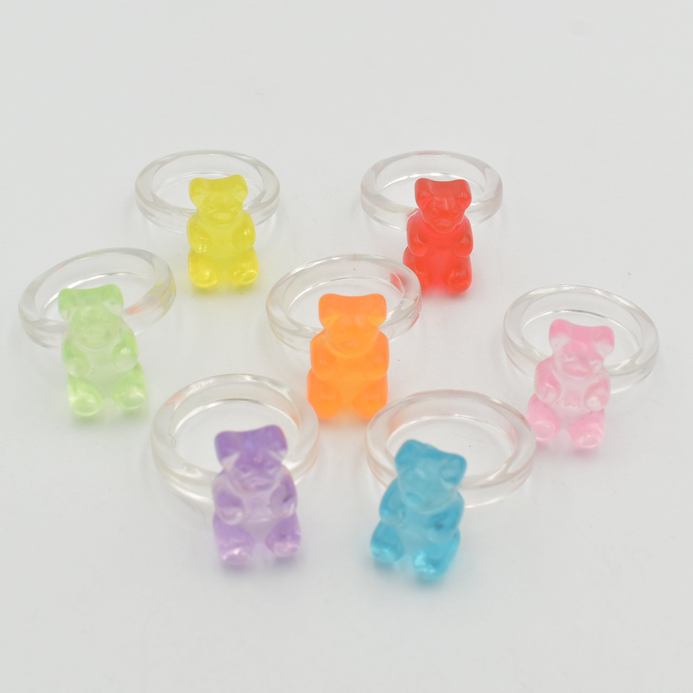 Clear acrylic band kids rings pack with colourful teddy bear character designs by Elli Jewellery