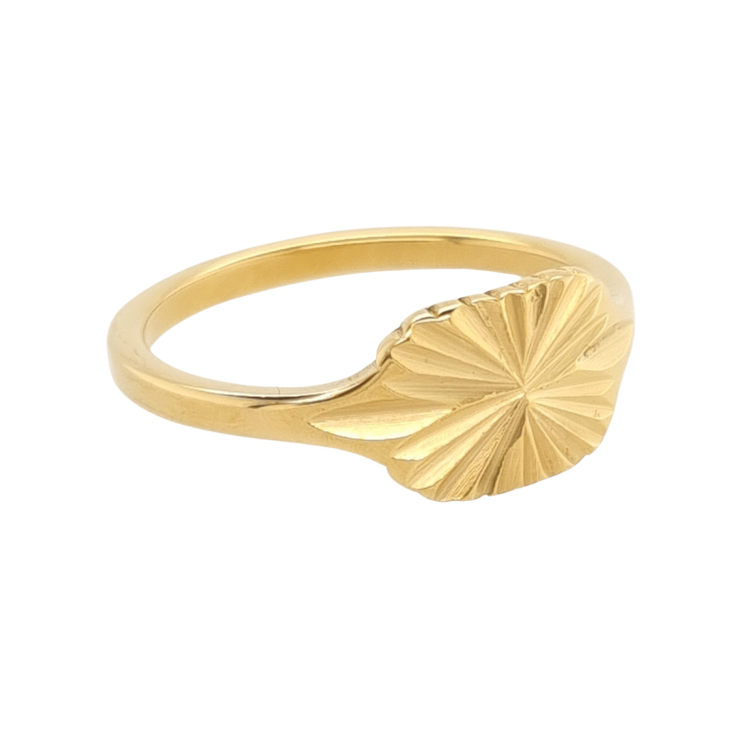 Gold plated carved signet ring with geometric detailing by Elli Jewellery
