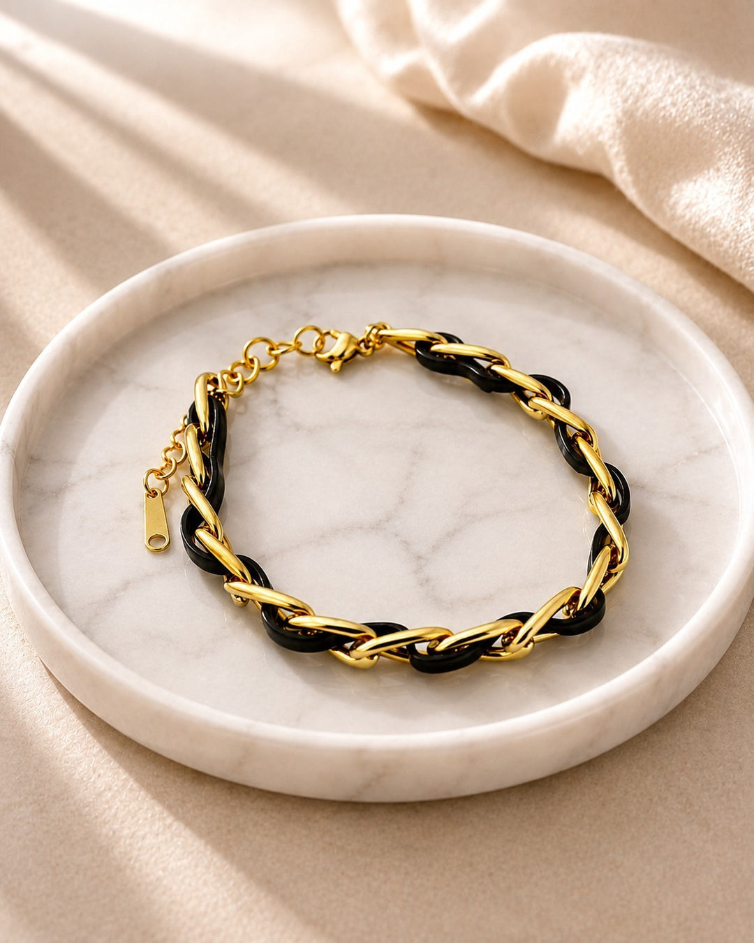 Gold Plated Black Braided Leather Link Bracelet (10688)