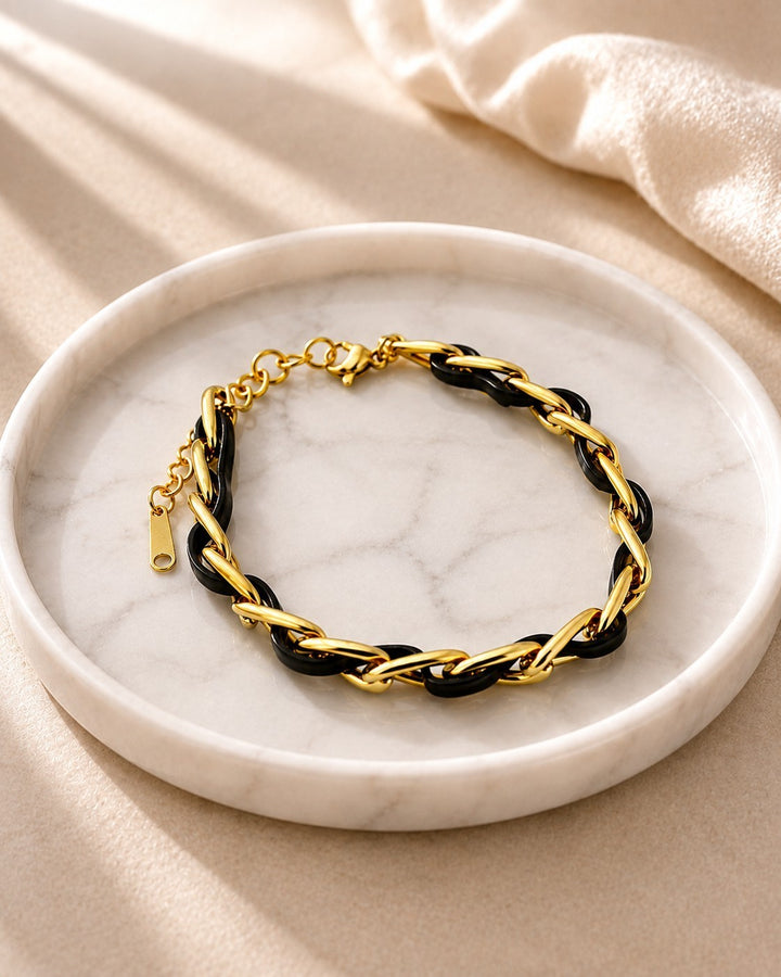 Gold Plated Black Braided Leather Link Bracelet (10688)