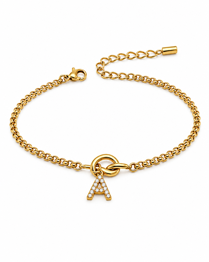 Gold Plated Waterproof Crystal Letter 'A' Initial Bracelet (11776)