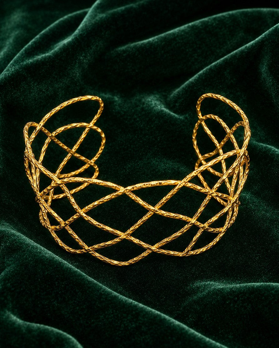 Gold Toned Geometric Fence Pattern Chunky Statement Bangle (11462)