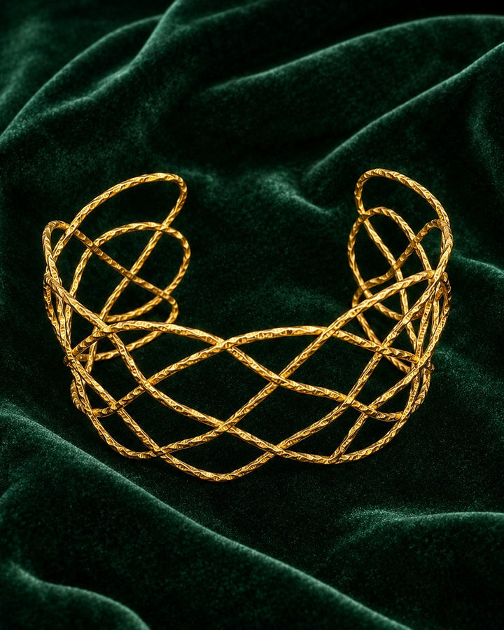 Gold Toned Geometric Fence Pattern Chunky Statement Bangle (11462)
