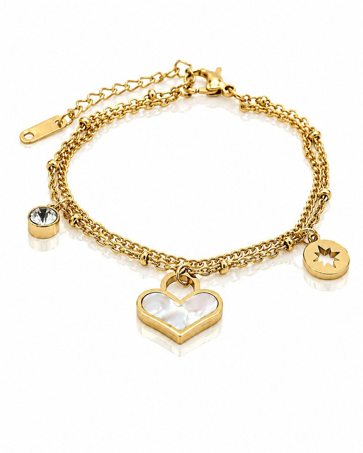 Gold Plated Waterproof Diamante Heart Layered Bracelet (10997)